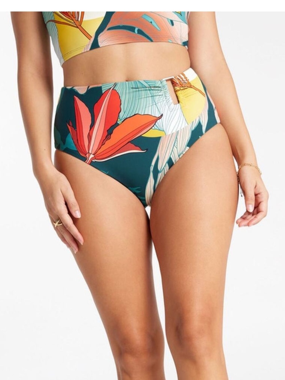Calia Swim Asymmetrical Bikini Bottoms Metal Rectangle Trim High Waist Large NEW